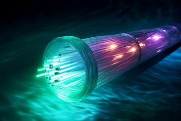 Poster - Glowing underwater fiber optic internet cable. AI generated, human enhanced