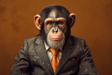 Wall Mural - Anthropomorphic chimp dressed in a suit like a businessman. business concept. AI generated, human enhanced