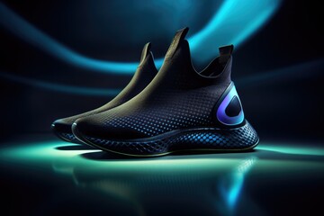 Trendy blue neon sneakers. Sports shoes with neon glow on a dark background. AI generation

