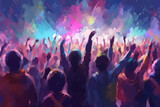 Fototapeta Londyn - Crowd raising their hands at music concert. Audience enjoying rock, dance, edm and club party. Modern painting illustration. Generative ai.