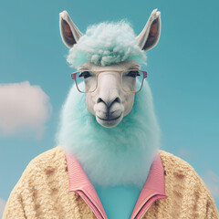 Wall Mural - Fashion llama in cardigan and glasses, cotton candycore trend. Generative AI
