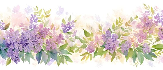 Wall Mural - Watercolor purple flowers, purple lilac branches and foliage. Botanical illustration in vintage style. Wedding decorations background. Floral background with place for text. Generative AI.