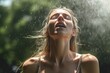 © Road Red Runner - Young woman refreshes herself with water from a fountain on a hot summer day. Ai generated.