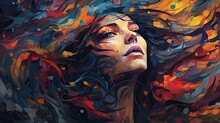 Abstract Portrait Of A Woman Art Illustration. Swirling Paint Concept Representing Thoughts, Ideas, And Anxiety. Beautiful Girl.