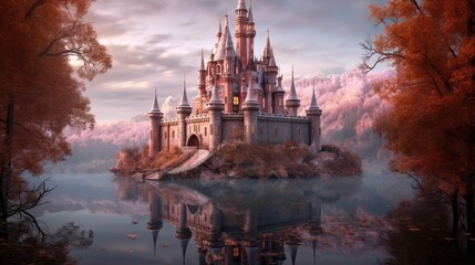 Wall Mural - Beautiful enchanted magical castle in a fairy tale. Palace landscape on dreamy lake. Princess royalty.