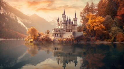 Wall Mural - Beautiful enchanted magical castle in a fairy tale. Palace landscape on dreamy lake. Princess royalty.