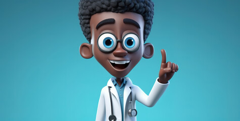 3d rendering, african cartoon character, young doctor with stethoscope and with black skin, shows index finger up. Healthcare clipart isolated on blue background. Generative AI