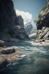 Canvas Print - Flowing creek between rocks generative AI