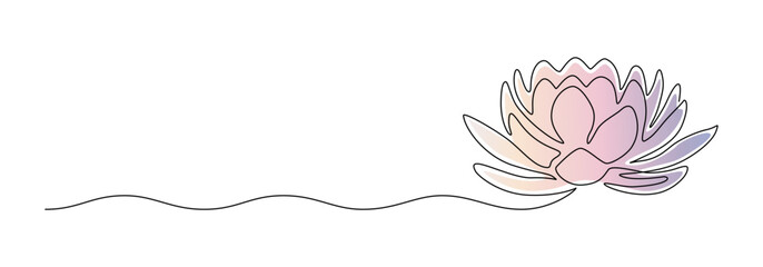 Wall Mural - Lotus flower in one continuous line drawing. Yoga studio logo and wellness spa banner and business card in simple linear style. Water lily editable stroke. Doodle vector illustratio