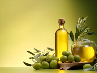 Two glass bottles with olive oil and olives on table, commercial banner, copy space. Olive oil in glass bottle with green olives and olive tree leaves isolated on light green background. Generative AI