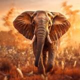 Fototapeta Dziecięca - An Elephant walking through a field in a blurred background - Generative AI