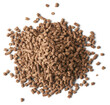 pile of chicken feed pellets, common form of feed used in poultry industry, compressing and shaping mixture of ingredients into small cylindrical pellets, isolated background