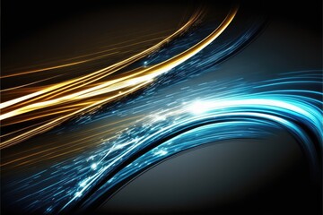 Wall Mural - Abstract of speed car racing of taillight in streak with blue and gold color concept. Art in digital street background. Finest generative AI.