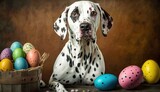 Fototapeta Zwierzęta - Dalmatian Dog with Paint Stains and Colored Easter Eggs easter dog and eggs