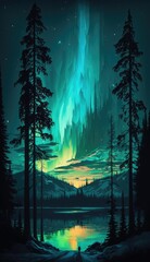 Wall Mural - landscape with a lake northern lights