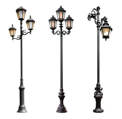 Wall Mural - vintage lamp post set isolated on transparent background - generative ai