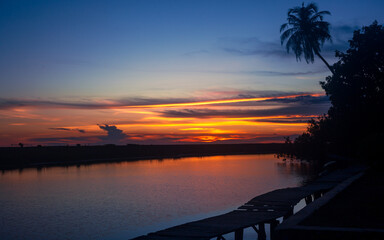 Wall Mural - Beautiful calm sunset with wooden bridge and palm tree at river