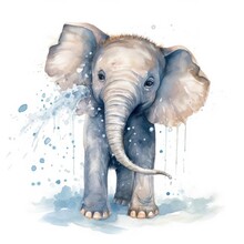 Watercolor Illustration Of Playful Baby Elephant Spraying Water From Trunk On White Background. Generative AI
