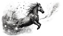 Art Horse In Space . Dreamlike Background With Horse . Hand Drawn Style Illustration
