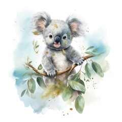 Wall Mural - Watercolor illustration of cute baby koala hanging from eucalyptus branch on white background. Generative AI