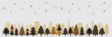 Christmas Pine Forest. Decorative Trees Hand Drawn In Black And Gold. Vector Illustration.