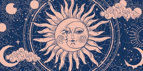 Wall Mural - tarot banner, zodiac sign template, sun and moon with face on blue background with stars, mystical v