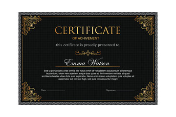 Premium luxury certificate template. Black background and gold ornament