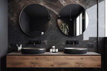 Close Up Of Double Black Sink With Mirrors Standing In On Dark Marble Wall , Wooden Cabinet With Faucet In Minimalist Bathroom. Front View