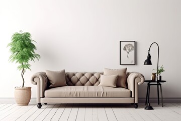 Wall Mural - Interior wall mockup of a living room with a couch and pillows against a white background. Generative AI