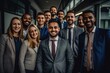 © sirisakboakaew - Group of businessmen and businesswomen of various nationalities standing and smiling happily.Generated with AI.