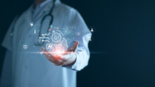 Medical Technology, Doctor Use AI Robots For Diagnosis, Care, And Increasing Accuracy Patient Treatment In Future. Medical Research And Development Innovation Technology To Improve Patient Health.