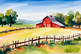 Fototapeta Pokój dzieciecy - watercolor landscape with a barn using created using AI Generative Technology