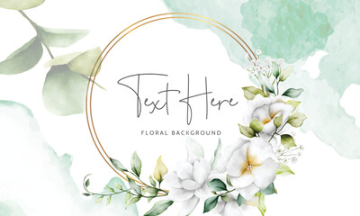 beautiful watercolor floral background with  greenery leaves and white flower