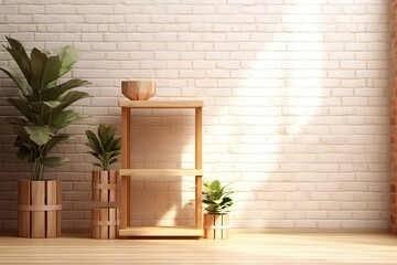 Sticker - In a barren loft space, two wooden shelves or platforms are used to display products. Wood podium in a bright, empty space with a leafy shadow. illustration. template for an industrial Generative AI