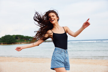 smile woman young summer beauty sea beach lifestyle running travel sunset