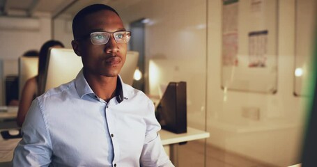 Aufkleber - Night, office and business man on computer with glasses for reading, planning and research. screen display and serious male person online for solution, problem solving and creative idea inspiration