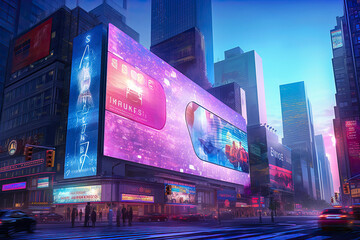 Billboards on a futuristic city scene at night. Concept art with a futuristic vision of advertising