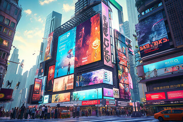 billboards on a futuristic city scene at night. concept art with a futuristic vision of advertising