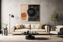 Gray Walls, A Concrete Floor, A Beige Sofa Next To A Black Coffee Table, And A Beige Armchair With A Vertical Poster Above It May All Be Found In A Living Room. A Mockup Generative AI