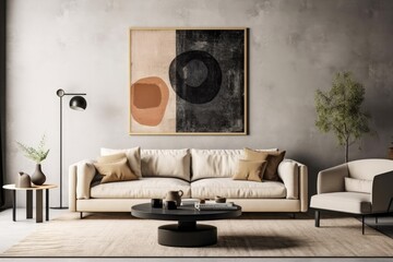 Wall Mural - Gray walls, a concrete floor, a beige sofa next to a black coffee table, and a beige armchair with a vertical poster above it may all be found in a living room. a mockup Generative AI