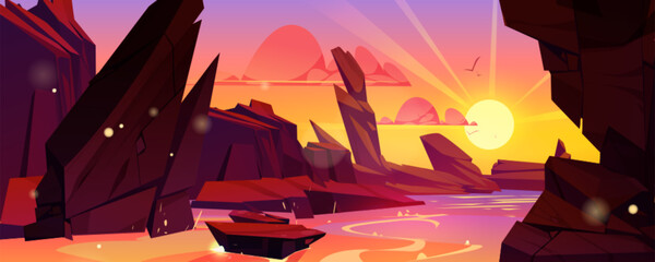 Wall Mural - Sea beach landscape at sunset. Background with ocean coast, mountains, clouds and sun in sky. Nature scene of rocky shore at evening, vector cartoon illustration