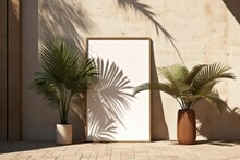 On A Beige Wall, A Blank Wooden Picture Frame Is Hanging. Mock-up Of An Empty Poster For A Piece Of Outdoor Art. A Minimalist Interior. Overlay Of Shadowy Palm Foliage. Summertime Style. Generative AI