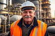 © mikhailberkut - Digital portrait of a senior confident male factory worker standing in oil refinery plant. Concept of active age. Generative AI