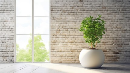 Poster - Fashion Style, Illustration Graphic Design, Empty Contemporary Interior, Simple White Brick Wall with Large Panoramic Window and Green Plant in the Pot Generative AI