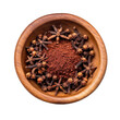 Top view of Cloves spice in an earthen pot isolated on white background, Generative ai
