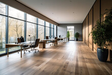 An Office With Wood Desks And Glass Walls, In The Style Of High Detailed, Grey Academia, Wood, Photo-realistic Landscapes, Vintage Minimalism, Light Silver And Light Brown