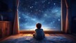A boy sitting in his bedroom watching a nebula and stars and galaxies through the window. Generative AI.