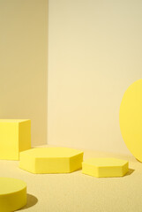 Poster - Yellow pedestal product display background with modern geometric block in sunshine light with summer feel