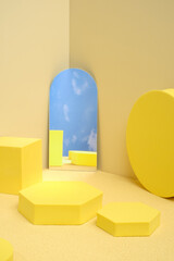 Poster - Yellow pedestal product display background with modern geometric block and mirror sky in sunshine light with summer feel