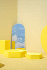 Poster - Yellow pedestal product display background with modern geometric block and mirror sky in sunshine light with summer feel